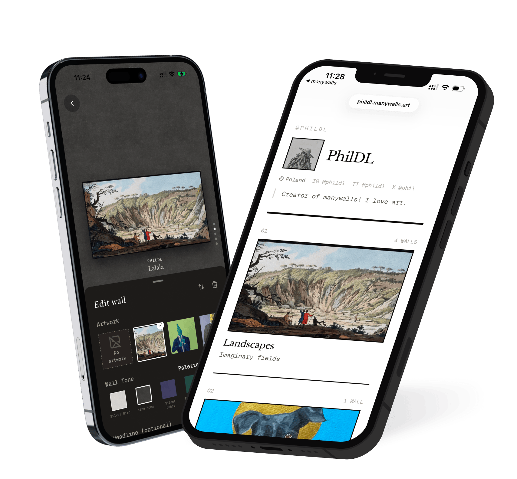 Two phone mockups showing the manywalls wall editor and artist page preview