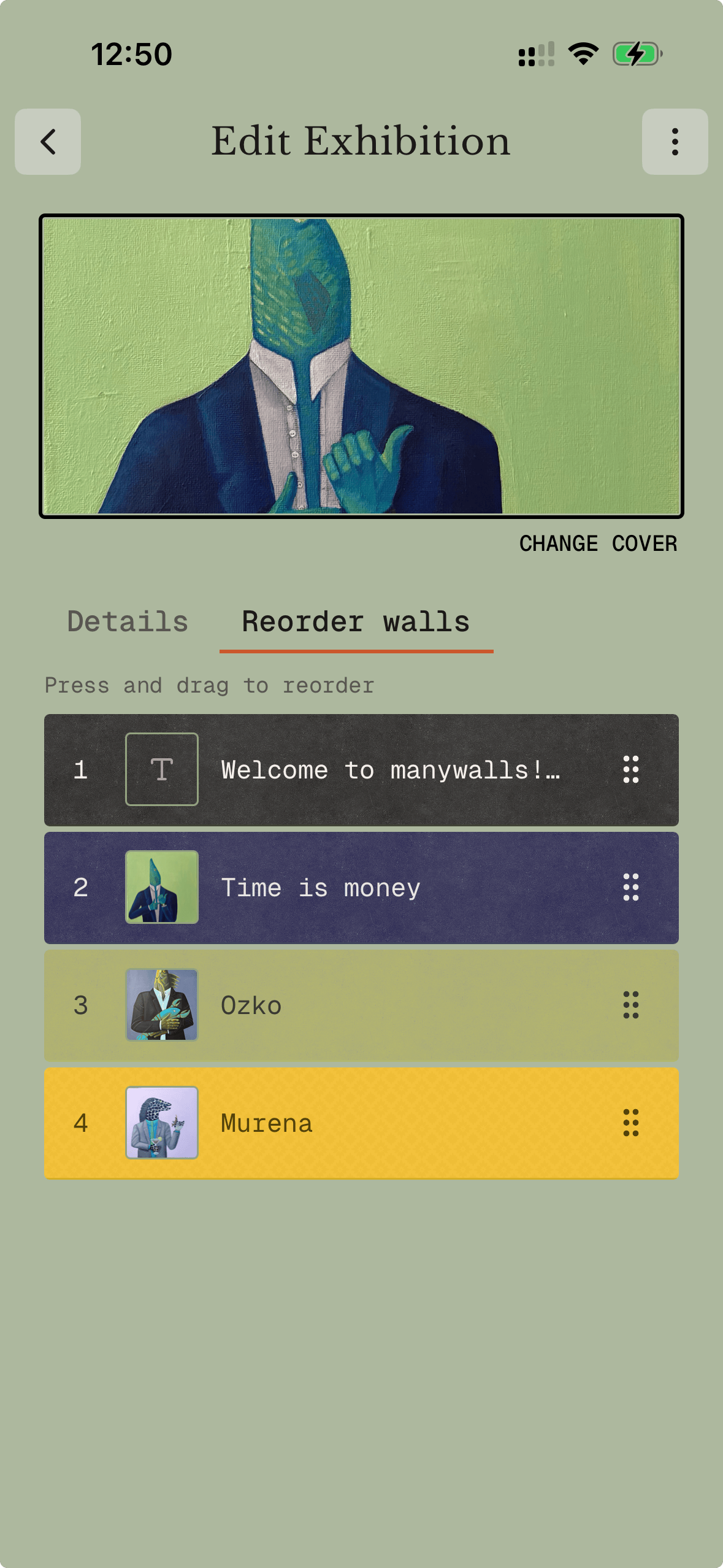 Reorder modal showing drag handles for wall sequence