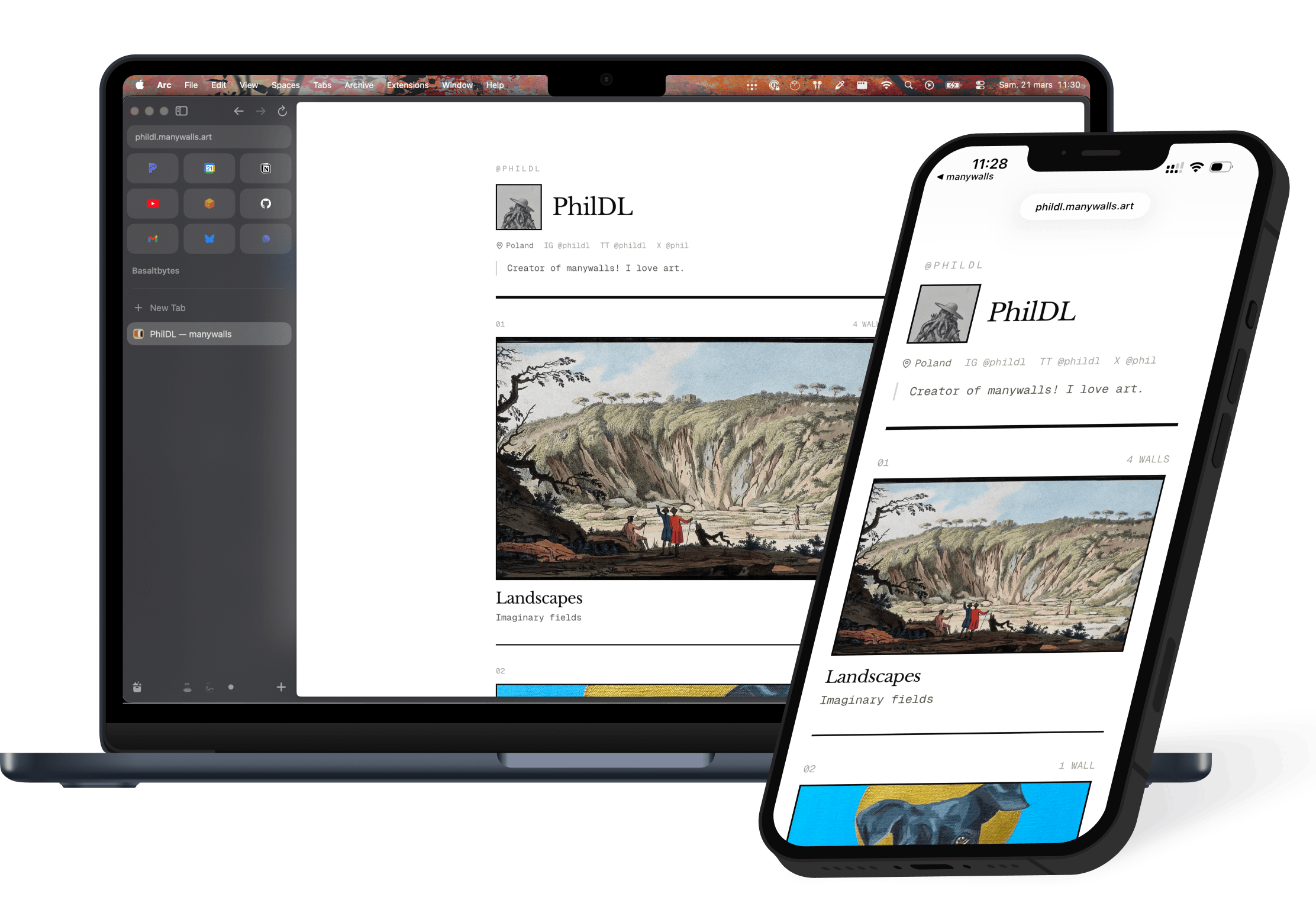 Artist page preview on laptop and phone showing profile and exhibitions