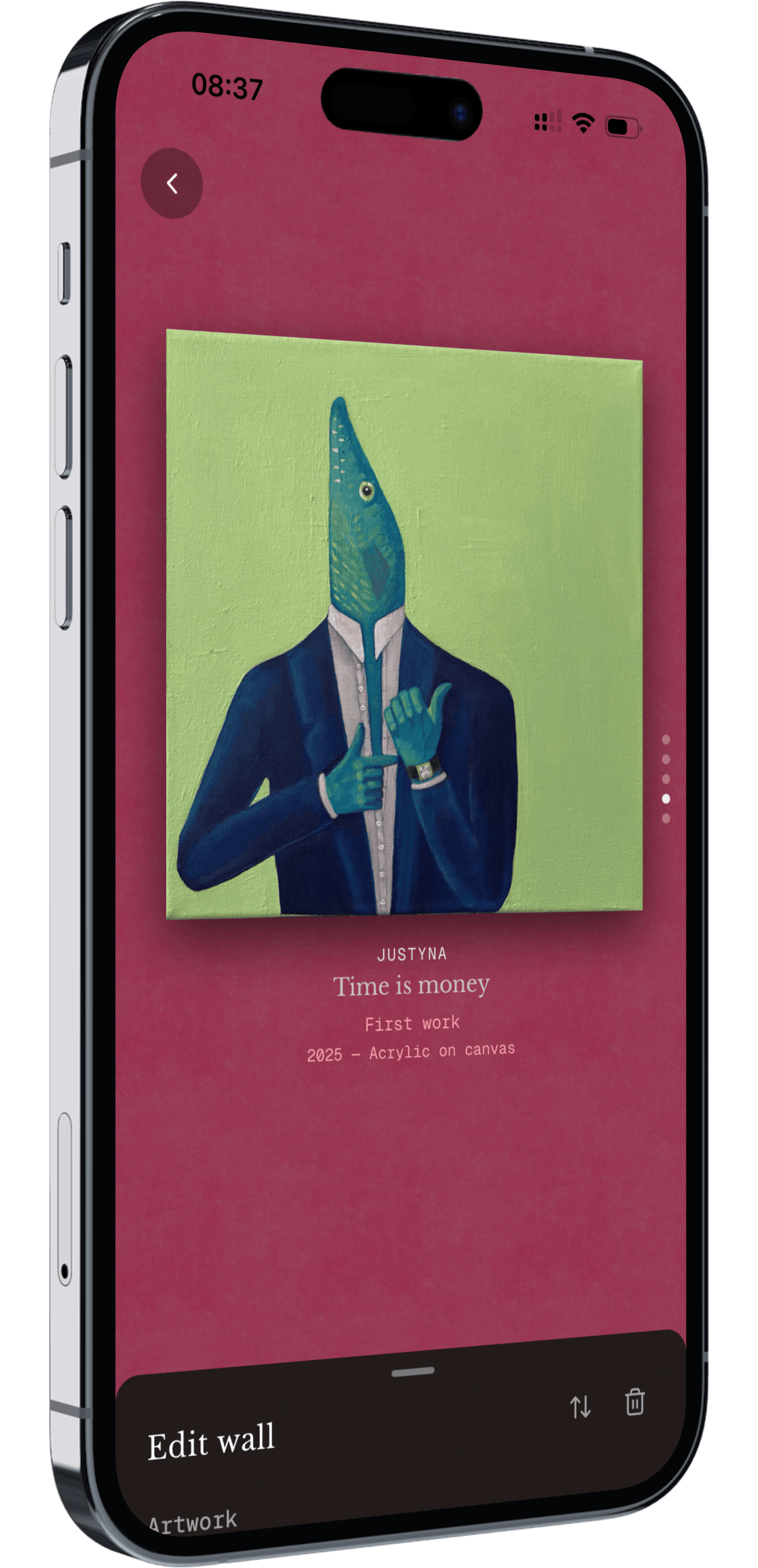 Phone mockup showing artwork on a rose wall tone