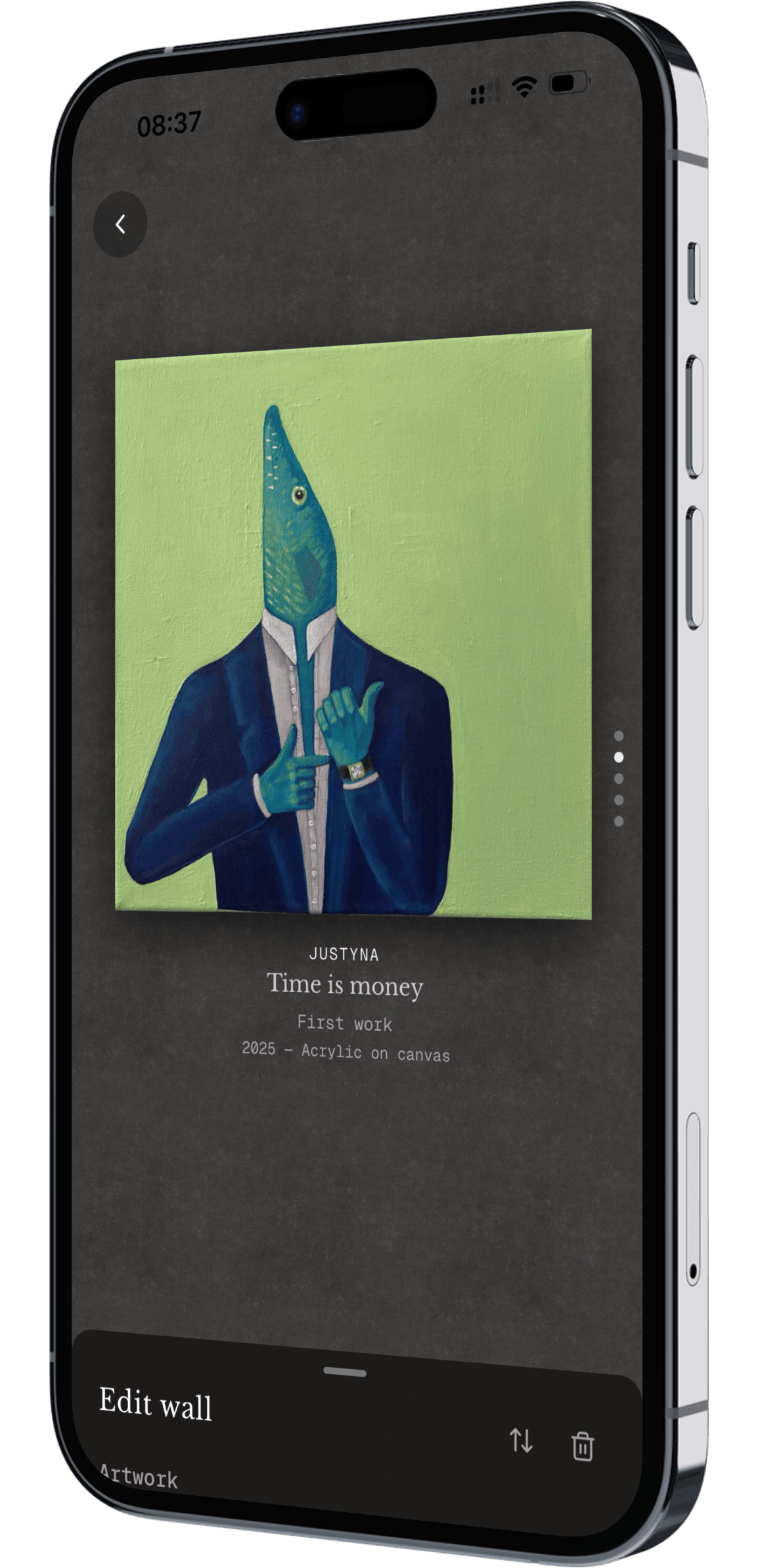 Phone mockup showing artwork on a charcoal wall tone