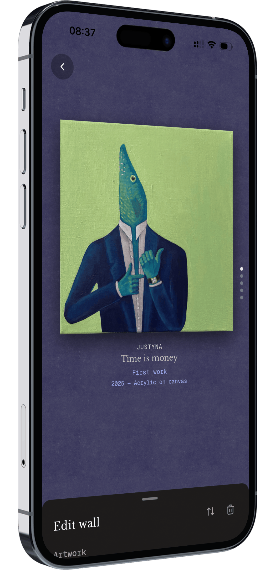 Phone mockup showing artwork on a deep indigo wall tone